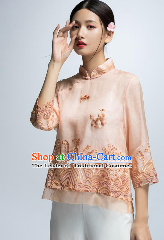 Chinese Traditional Costume Embroidered Pink Cheongsam Blouse China National Upper Outer Garment Shirt for Women
