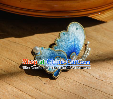 Chinese Traditional Cheongsam Accessories Embroidered Blue Butterfly Brooch for Women