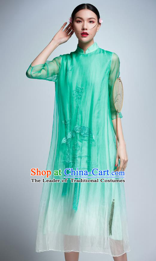 Chinese Traditional Embroidered Lotus Green Cheongsam China National Costume Tang Suit Qipao Dress for Women