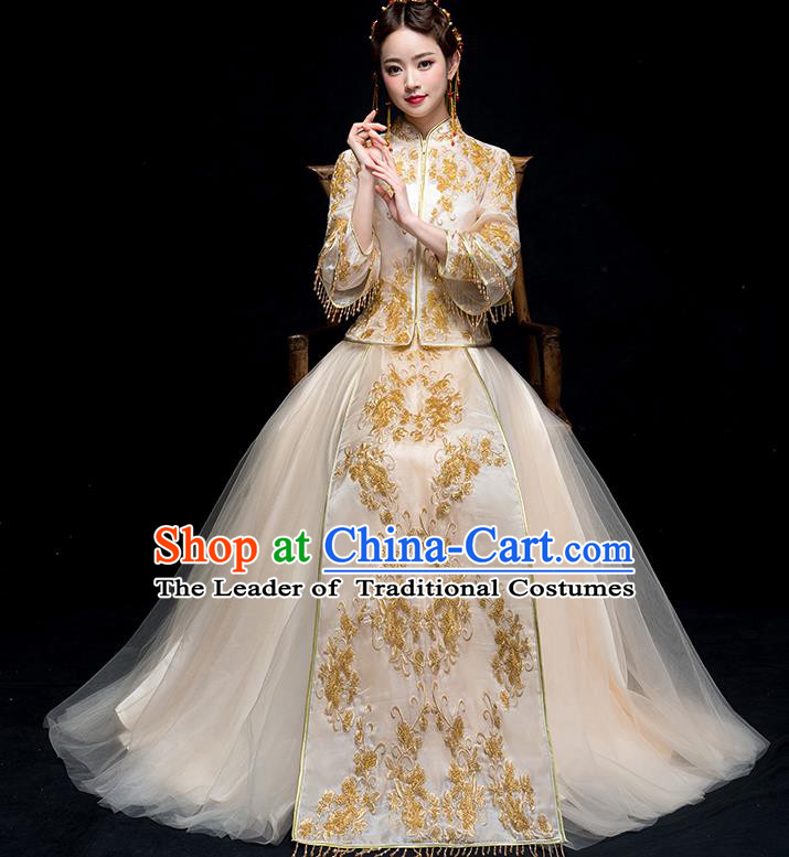 Chinese Traditional Wedding Golden Embroidered Costume Ancient Bride Xiuhe Suit Clothing for Women