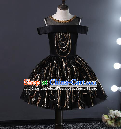 Children Stage Performance Catwalks Costume Ballroom Dance Compere Black Bubble Dress for Girls Kids