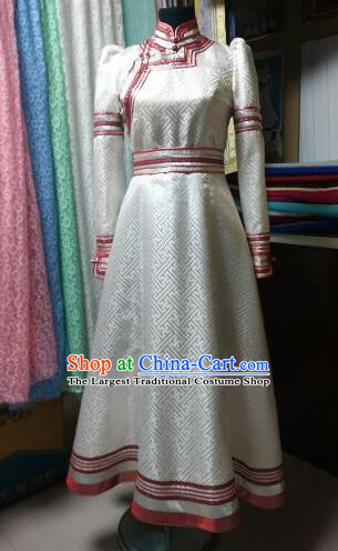 Traditional Chinese Mongol Nationality Costumes Mongolian Ethnic Female Folk Dance White Dress for Women