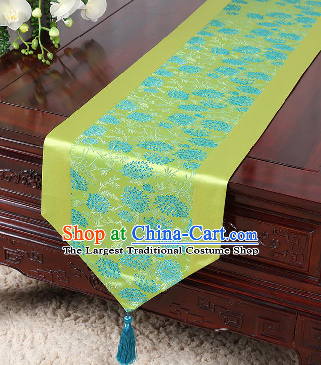 Chinese Traditional Table Cloth Classical Handmade Household Ornament Chrysanthemum Pattern Green Brocade Table Flag