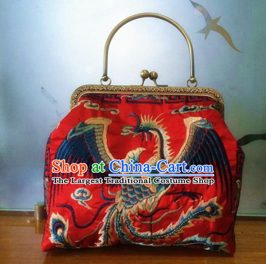 Chinese Traditional Embroidered Phoenix Red Handbag Handmade Embroidery Craft Silk Bags