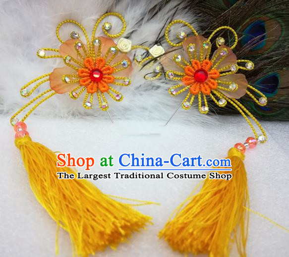 Chinese Traditional Beijing Opera Actress Yellow Tassel Flower Hair Clips Hair Accessories Ancient Hairpins for Adults