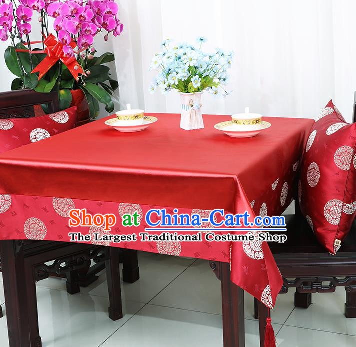 Chinese Traditional Fu Character Pattern Red Brocade Table Cloth Classical Satin Household Ornament Desk Cover