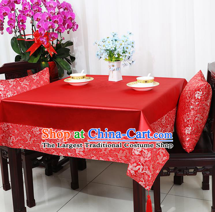 Chinese Traditional Dragons Pattern Red Brocade Table Cloth Classical Satin Household Ornament Desk Cover