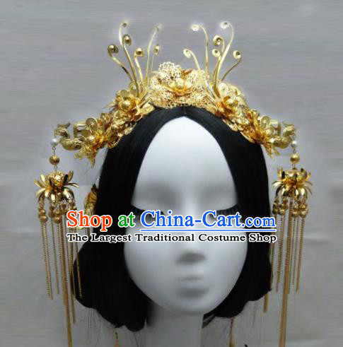 Chinese Ancient Queen Golden Phoenix Coronet Hair Accessories Traditional Palace Hairpins for Women