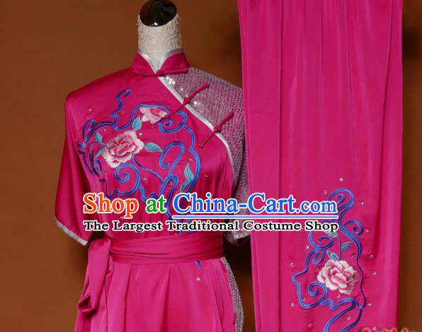 Top Martial Arts Training Embroidered Rosy Uniform Kung Fu Group Competition Costume for Women