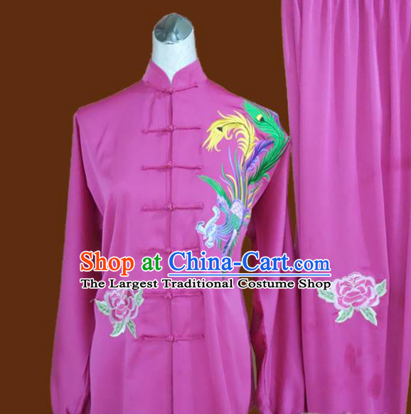 Chinese Traditional Tai Chi Rosy Uniform Kung Fu Group Competition Embroidered Phoenix Costume for Women
