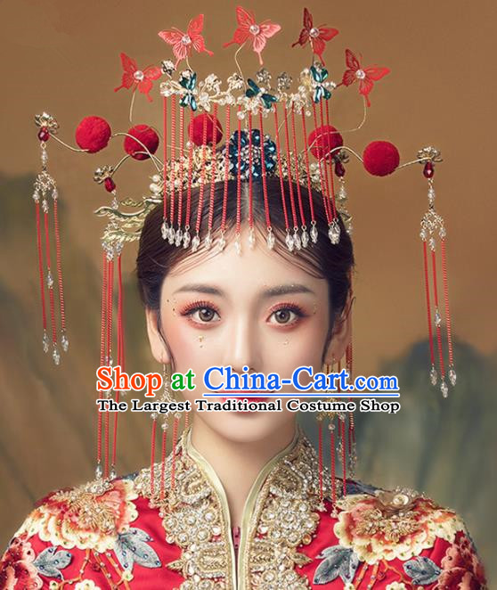 Chinese Ancient Palace Red Butterfly Tassel Phoenix Coronet Hairpins Traditional Wedding Hair Accessories for Women