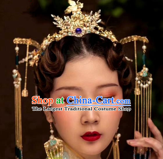 Chinese Traditional Palace Cranes Tassel Phoenix Coronet Hairpins Ancient Wedding Hair Accessories for Women