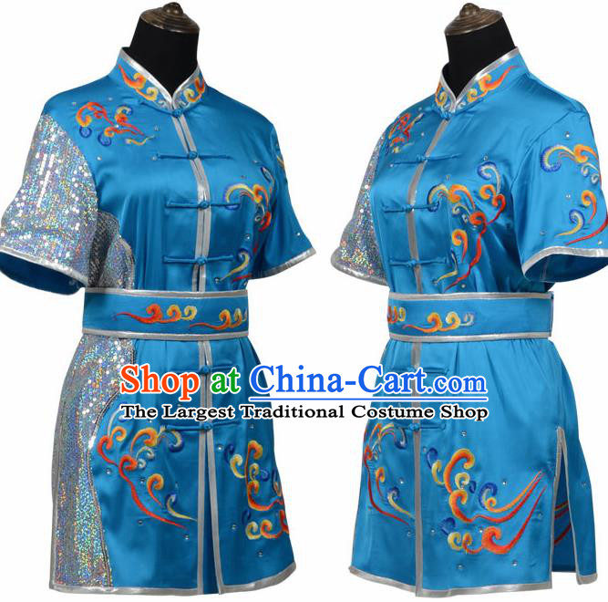 Chinese Traditional Kung Fu Blue Costume Martial Arts Tai Ji Competition Clothing for Women