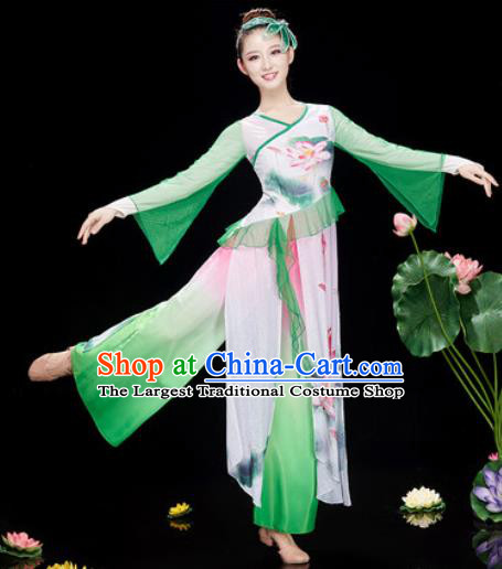 Chinese Traditional Umbrella Dance Printing Lotus Green Dress Classical Dance Stage Performance Costume for Women