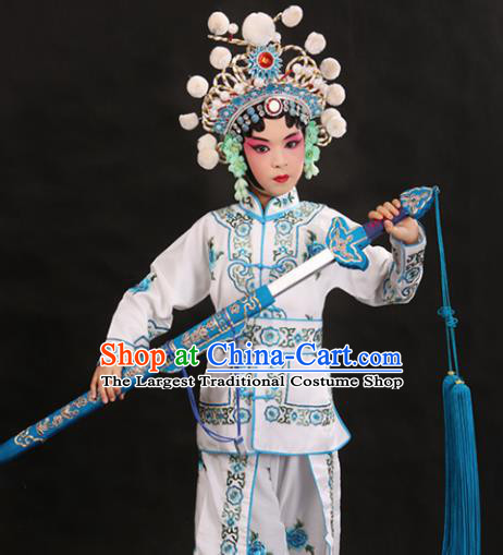 Professional Chinese Traditional Beijing Opera Blues Costume Ancient Swordswomen White Clothing for Kids