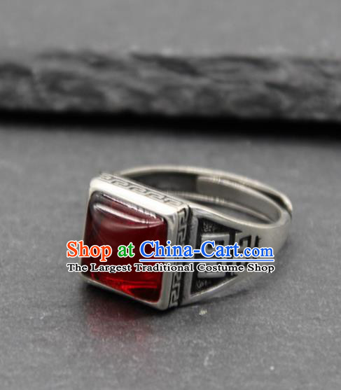 Chinese Traditional Tibetan Ethnic Agate Rings Handmade Zang Nationality Sliver Finger Ring for Men