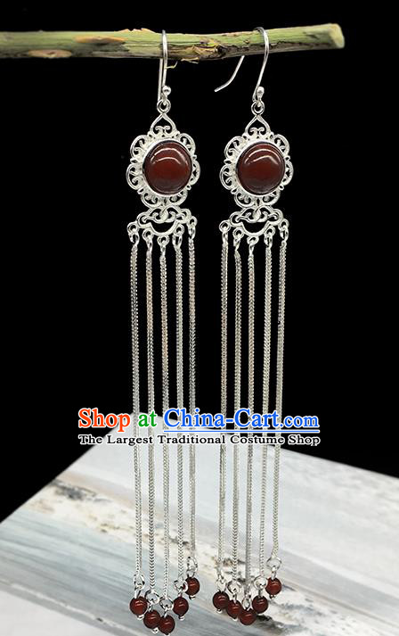 Traditional Chinese Mongolian Ethnic Red Agate Earring Mongol Nationality Sliver Tassel Ear Accessories for Women