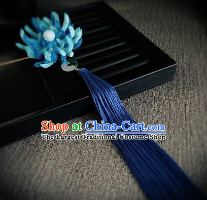 Traditional Chinese Ancient Qing Dynasty Palace Queen Blue Velvet Chrysanthemum Hairpins Headwear Hair Accessories for Women