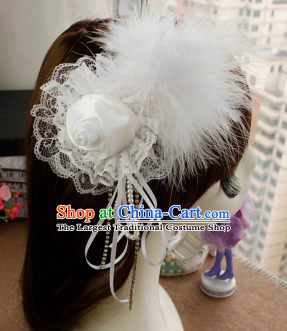 Top Grade Princess White Rose Feather Hair Accessories Bride Hair Stick Headwear for Women