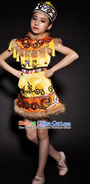 Chinese Hezhen Nationality Ethnic Yellow Costume Traditional Minority Folk Dance Stage Performance Clothing for Kids
