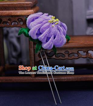 Traditional Chinese Handmade Qing Dynasty Purple Velvet Chrysanthemum Hairpins Ancient Imperial Consort Hair Accessories for Women