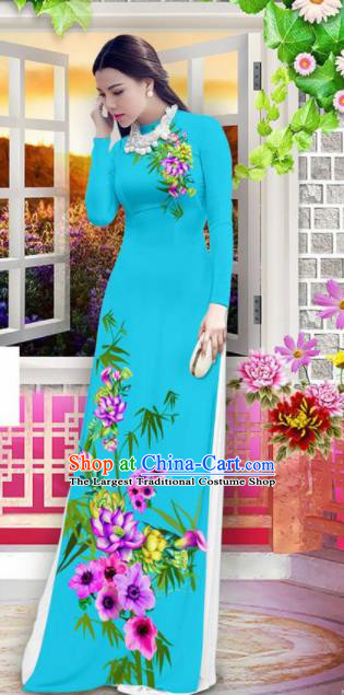 Vietnam Classical Printing Bamboo Lotus Blue Ao Dai Dress Asian Traditional Vietnamese Bride Cheongsam for Women