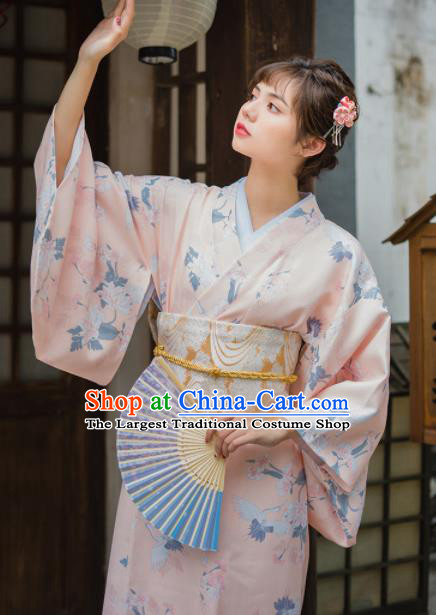 Handmade Japanese Traditional Costume Printing Pink Furisode Kimono Dress Asian Japan Yukata for Women