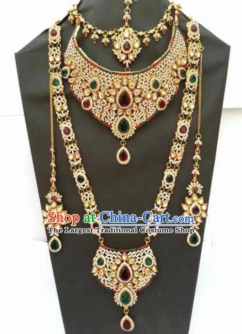 Traditional Indian Jewelry Accessories Bollywood Princess Colorful Crystal Necklace Earrings and Hair Clasp for Women