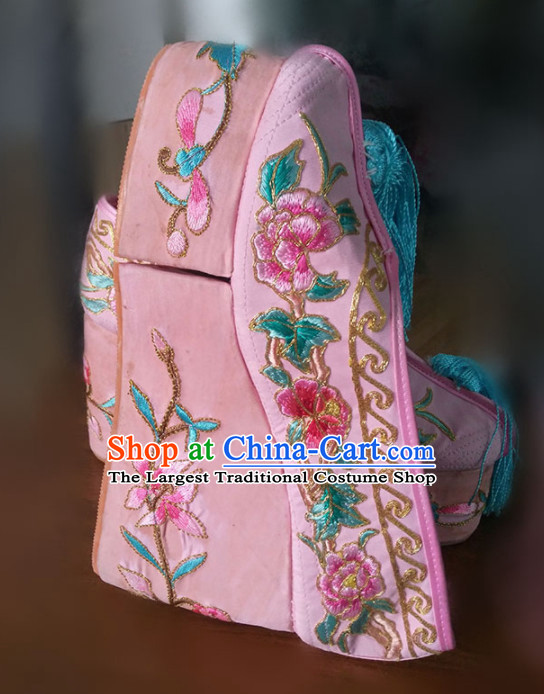 Chinese Traditional Beijing Opera Diva Pink Shoes Ancient Princess Hanfu Embroidered Shoes for Adults