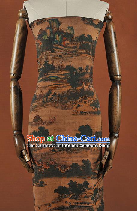 Chinese Traditional Classical Changan View Pattern Design Brown Gambiered Guangdong Gauze Asian Brocade Silk Fabric