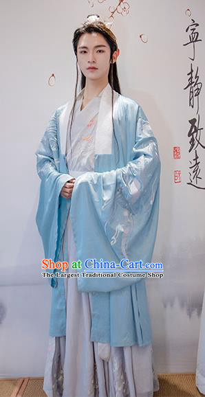 Chinese Ancient Prince Blue Costumes Traditional Ming Dynasty Nobility Childe Clothing for Men