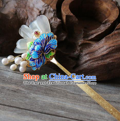 Chinese Classical Blueing Peony Hair Stick Handmade Hanfu Hair Accessories Ancient Ming Dynasty Jade Hairpins