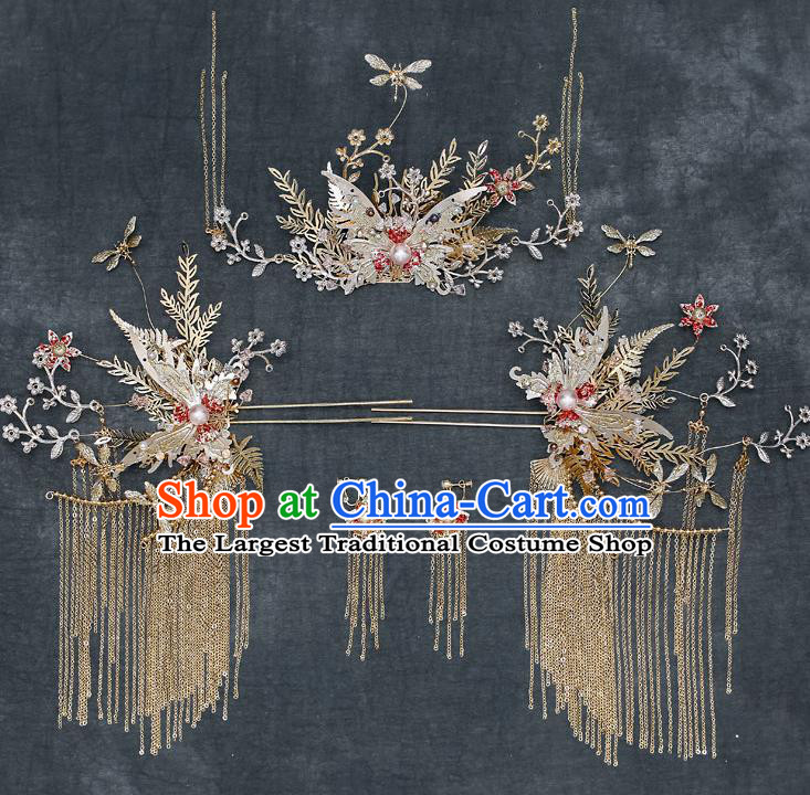 Chinese Handmade Butterfly Hair Comb Classical Wedding Hair Accessories Ancient Bride Tassel Hairpins Complete Set