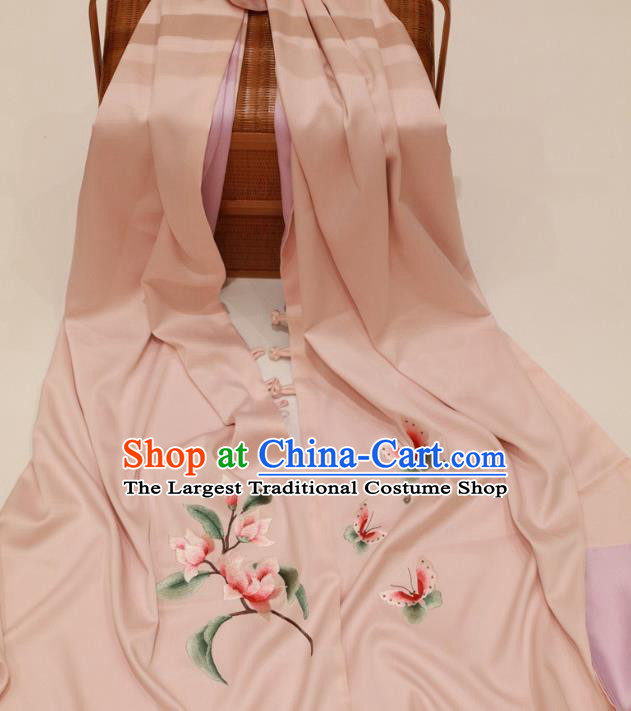China Mother Cappa Pink Silk Scarf Traditional Embroidered Tippet Embroidery Magnolia Craft