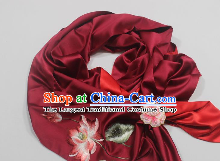 Top Grade Chinese Traditional Cheongsam Accessories Embroidered Lotus Scarf Wine Red Silk Tippet with Brooch