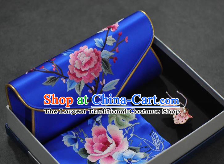 Chinese Embroidered Royalblue Silk Scarf and Handbag Brooch Traditional Suzhou Embroidery Peony Accessories