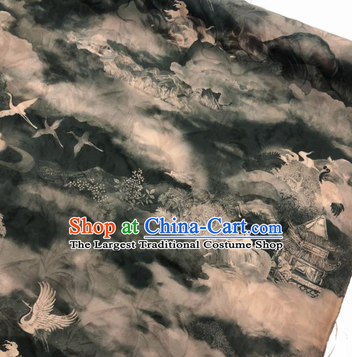 Chinese Classical Crane Pavilion Pattern Design Grey Gambiered Guangdong Gauze Fabric Asian Traditional Cheongsam Silk Material