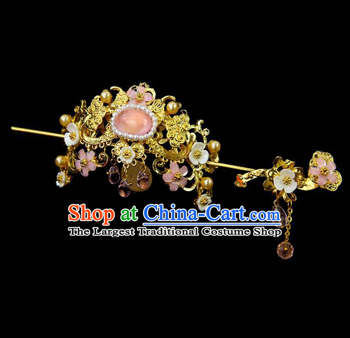 Chinese Ancient Princess Pink Glass Hair Crown and Hairpins Traditional Classical Dance Hair Accessories for Women