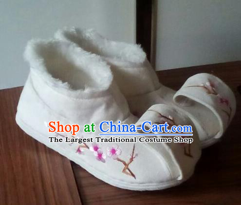 Chinese Traditional Handmade Embroidered Plum White Shoes Opera Shoes Hanfu Shoes Ancient Princess Shoes for Women