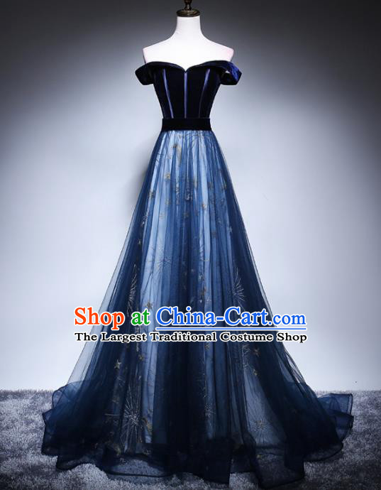 Top Grade Compere Navy Velvet Full Dress Annual Gala Stage Show Chorus Costume for Women