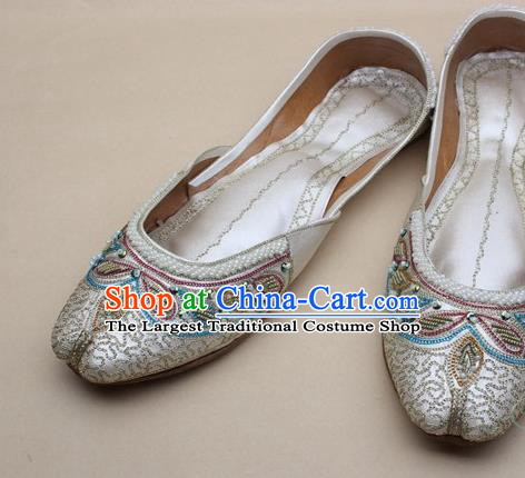 Asian Nepal National Handmade Beaded Champagne Leather Shoes Indian Traditional Folk Dance Shoes for Women