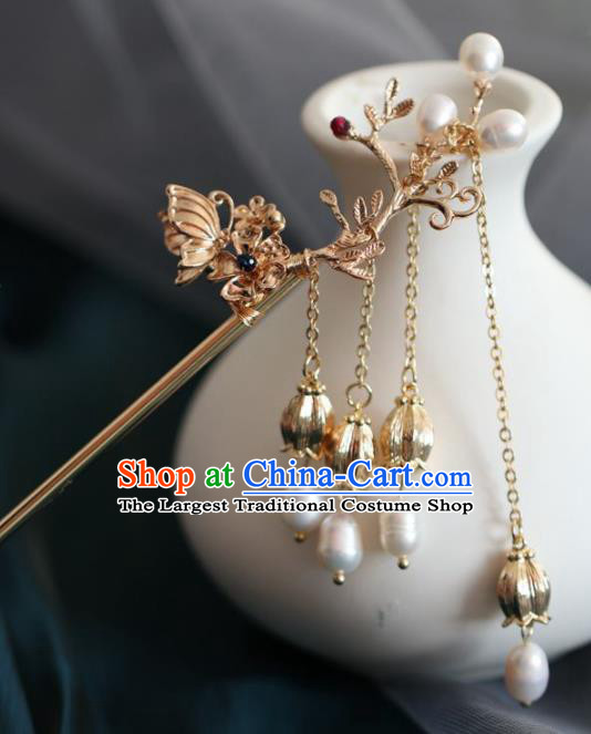 Chinese Handmade Ming Dynasty Princess Golden Butterfly Tassel Hairpins Ancient Hanfu Hair Accessories for Women
