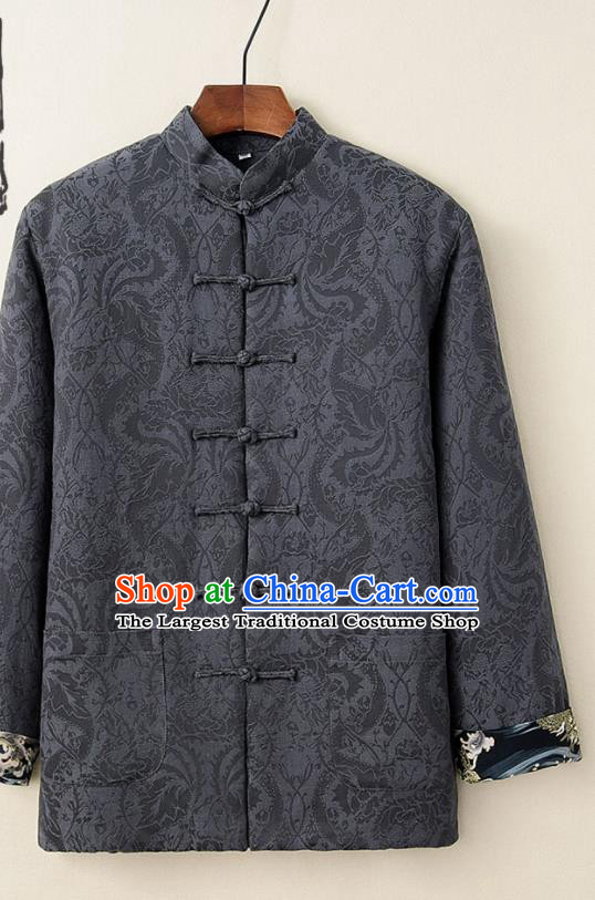 Chinese National Tang Suit Grey Thicken Jacket Traditional Martial Arts Costumes for Men