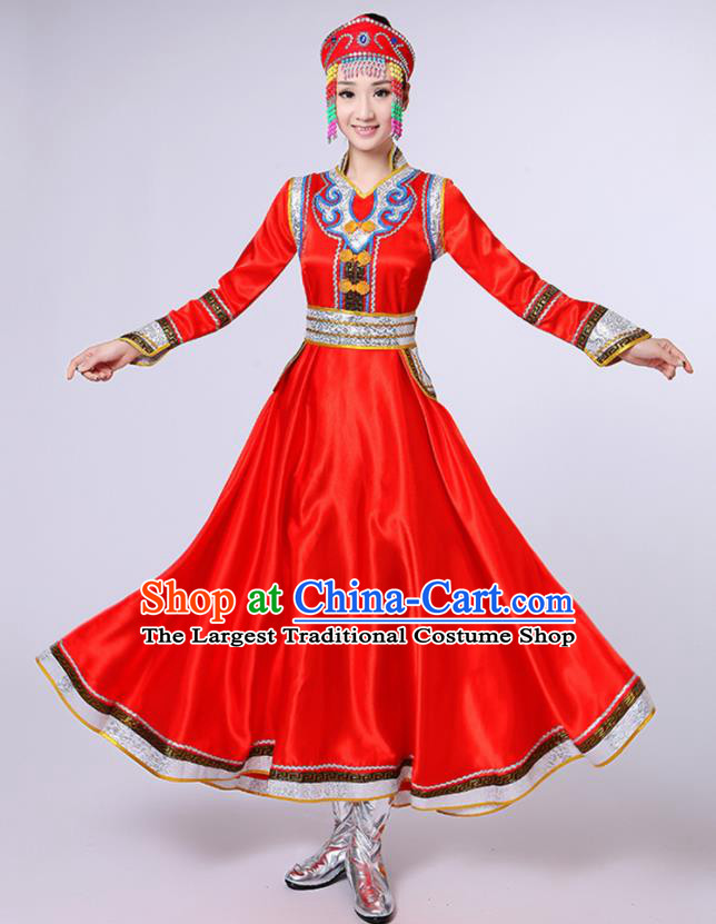 Chinese Traditional Mongol Nationality Red Dress Mongolian Ethnic Folk Dance Costume for Women