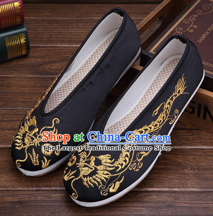 Chinese Traditional Black Embroidered Dragon Shoes Handmade Hanfu Shoes Wedding Shoes for Men