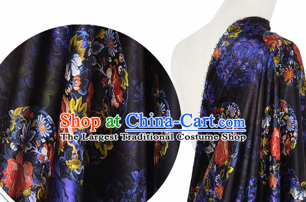 Chinese Classical Peony Chrysanthemum Pattern Design Black Silk Fabric Asian Traditional Hanfu Mulberry Silk Material