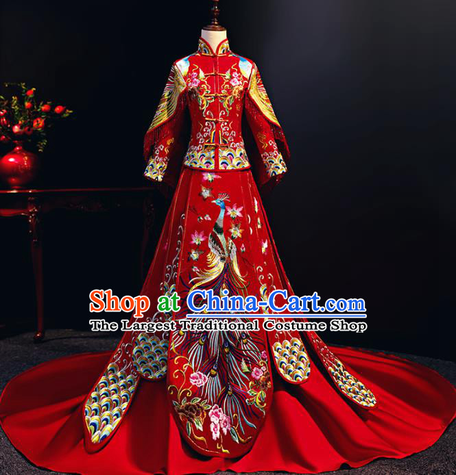 Chinese Traditional Bride Embroidered Trailing Xiuhe Suits Red Wedding Dress Ancient Costume for Women