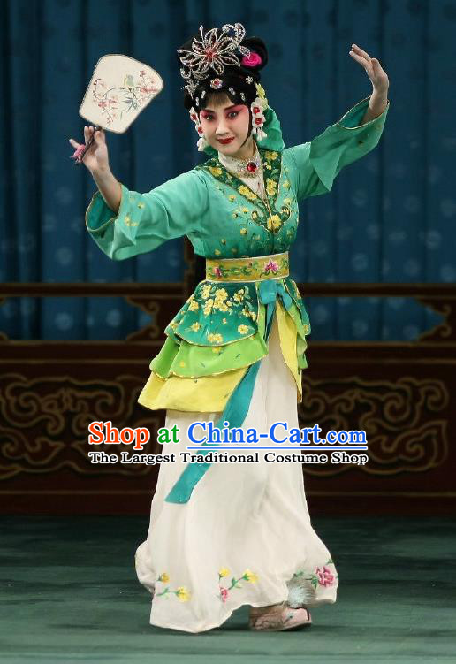 Traditional Chinese Peking Opera Matchmaker Apparels Costumes Garment Young Actress Hong Niang Green Dress and Headwear