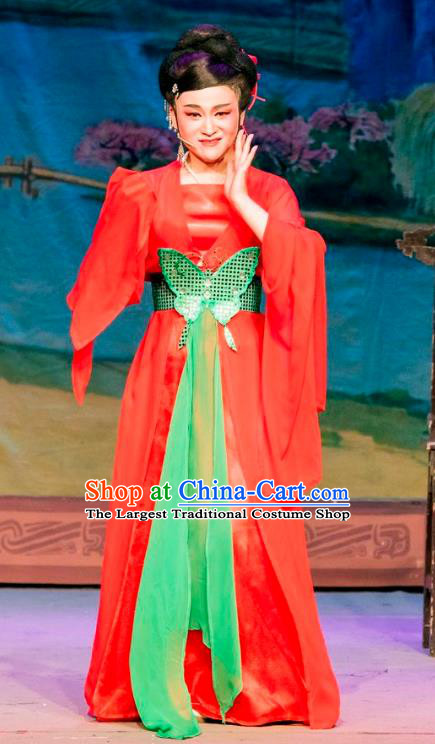 Chinese Shaoxing Opera Actress Red Dress Apparels and Hair Ornaments Hu Die Meng Butterfly Dream Yue Opera Young Lady Tian Xiu Garment Costumes