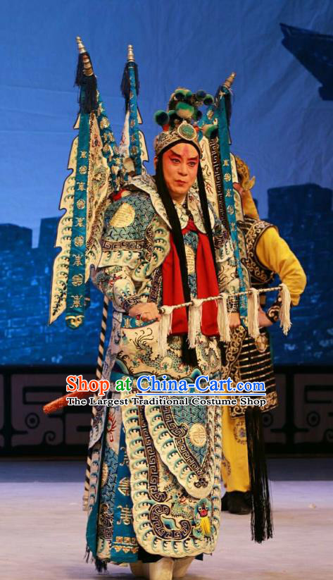 Nan Jie Guan Chinese Peking Opera General Kao Suit Garment Costumes and Headwear Beijing Opera Wusheng Apparels Armor Clothing with Flags
